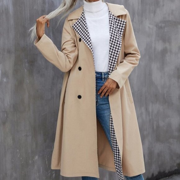 Gingham Lapel Neck Double Breasted Trench Coat - Picture 3 of 5